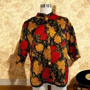 Vintage 1960s Quilted Floral Butterfly Jacket Red Yellow Blazer Medium